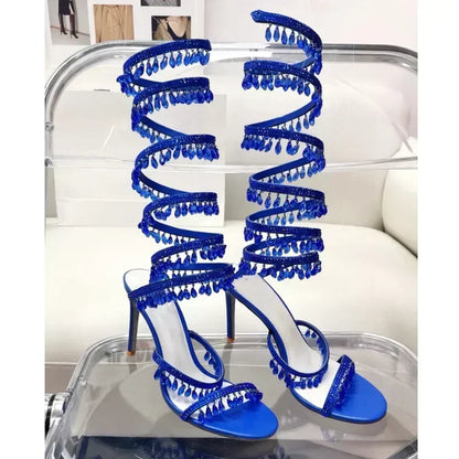 2024Women's New Water Diamond Sandals Fashion Tassel Crystal Shoes Sexy Banquet Party Twin Stiletto Women's Large Sandals