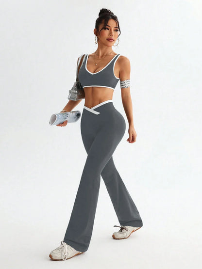 Womens One Piece Yoga Set Tummy Control Fitness Outfit Color Blocking Wide Strap with V Waist Flared Pants 2 Piece