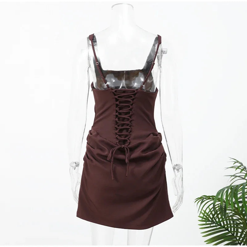 Women Sexy Square-neck Halter Mini Dress 2025 Pleated Sleeveless Backless High Waist Bodycon Dresses New Summer Lady Party Robes
