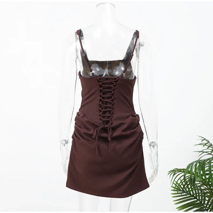 Women Sexy Square-neck Halter Mini Dress 2025 Pleated Sleeveless Backless High Waist Bodycon Dresses New Summer Lady Party Robes