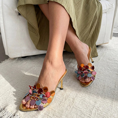 Floral High Heel Open Toe Sandals Women's Versatile Casual Slip-On Shoes Fashionable European Style round Toe Rubber Outsole