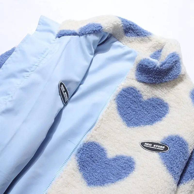 Double-Sided Wear Thickened Lamb Fur Heart Pattern Cotton Jacket Couple's Two-Way Wear Casual Warm Zipper Closure Long Sleeve...
