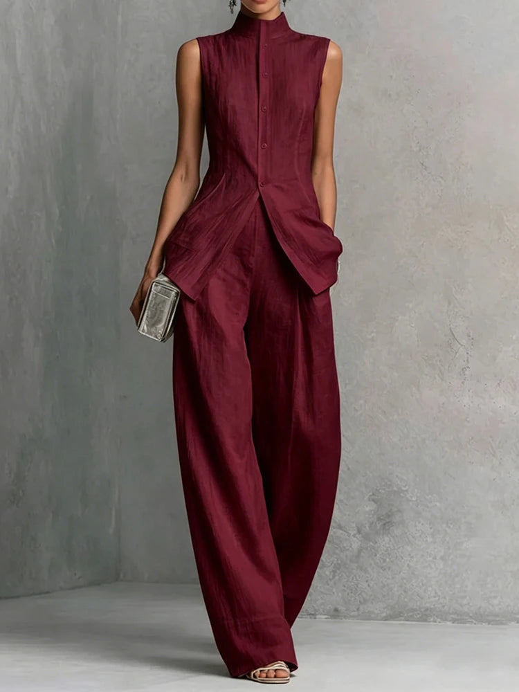 Women's Summer Stand Collar Sleeveless Single-Breasted Cardigan Top with Wide Leg Pants 2PCS Set Solid Holiday Outfit Streetwear