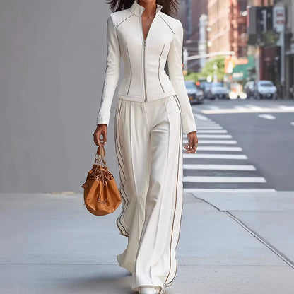 New Women's Half High Collar Long Sleeve Pullover Top And Wide Leg Pants Set Autumn Winter Patchwork Simple Outfit Two-Piece Set