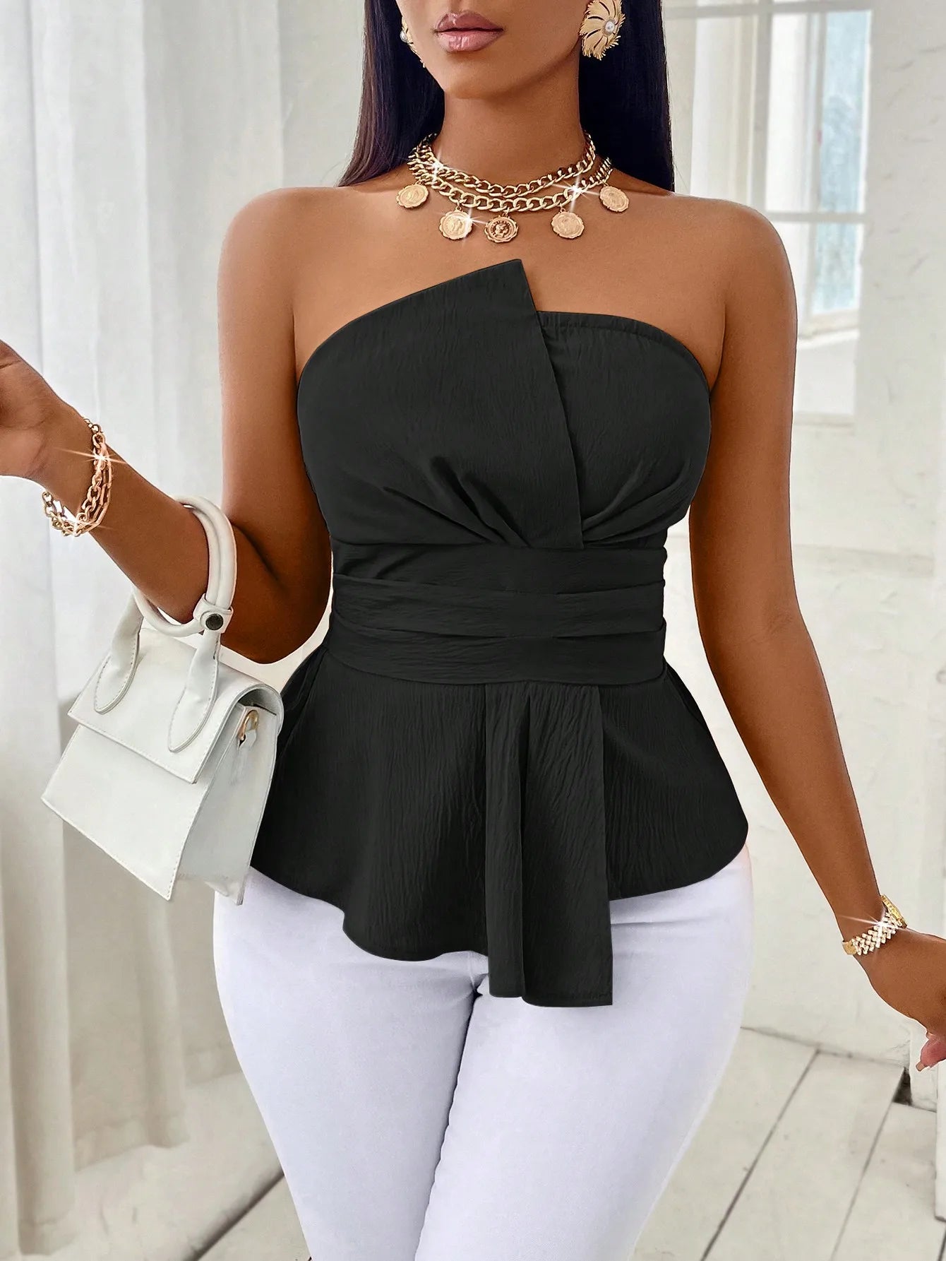 [Elegant] Peplum Strapless Top, Belted Wrap Waist Blouse for Vacation & Commute