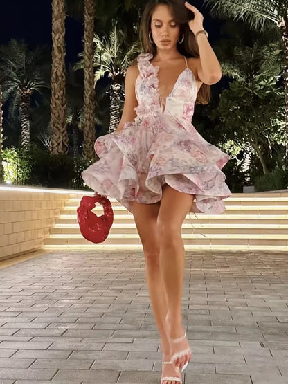 FSMG Sweet Pink 3D Flower Ruffles Mini Camisole Dress Fashion Sexy V Neck Sleeveless Backless Short Skirt Evening Party Vestidos