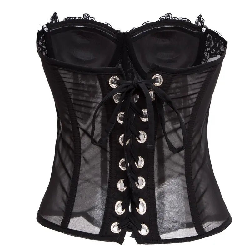 Pink Transparent Mesh With Floral Appliques Overbust Gothic Corset Top Woman Push Up Bustier Lingerie Sexy Hot Corsetto Donna