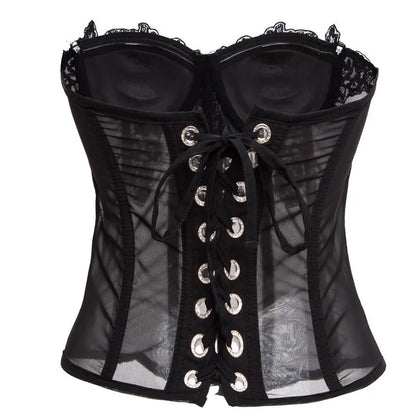 Pink Transparent Mesh With Floral Appliques Overbust Gothic Corset Top Woman Push Up Bustier Lingerie Sexy Hot Corsetto Donna