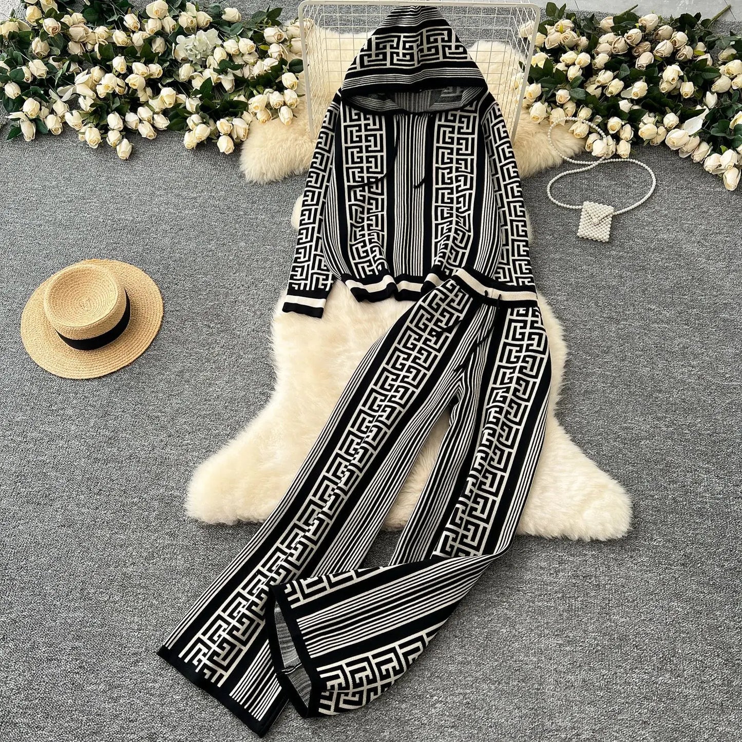 Autumn Pant Set Women Two Piece Sets Hooded Matching Sets Tops Wide Leg Long Pants High Waist Y2k Streetwear Work Print 2025