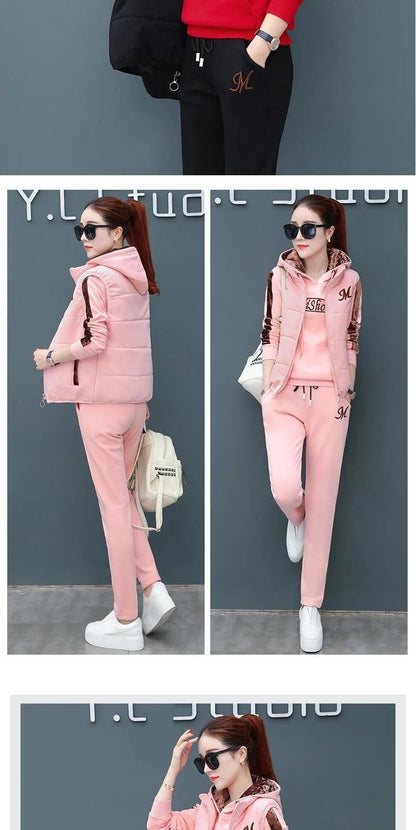 Women's Casual Fashion Autumn Winter New Sweat Suit Plush Thickened Hooded Tops and Waistcoat Pants 3 Three Piece Sets For Women