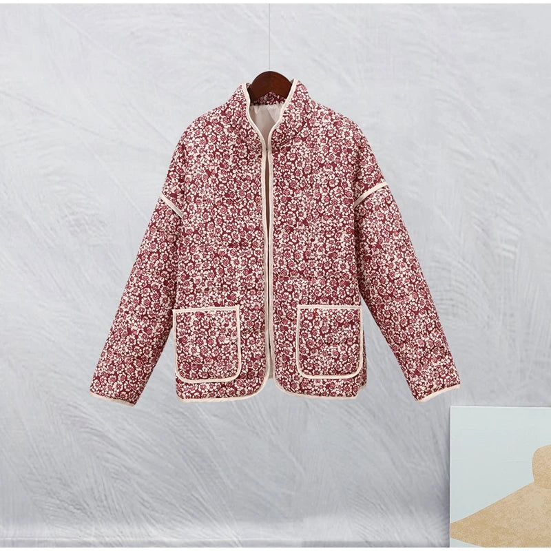 HH Floral Print Jacket For Women Autumn Quilted Reversible Cotton Coat Cardigan Long Sleeve Jackets Elegant Woman Streetwear