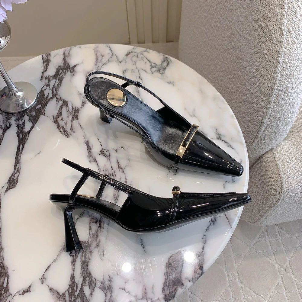 Luxury Pointed Sandals Burgundy Designer Patent Crisscross Straps Metal Decor Slim Heel Open-Back Fairy Sandals