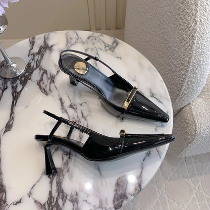 Luxury Pointed Sandals Burgundy Designer Patent Crisscross Straps Metal Decor Slim Heel Open-Back Fairy Sandals