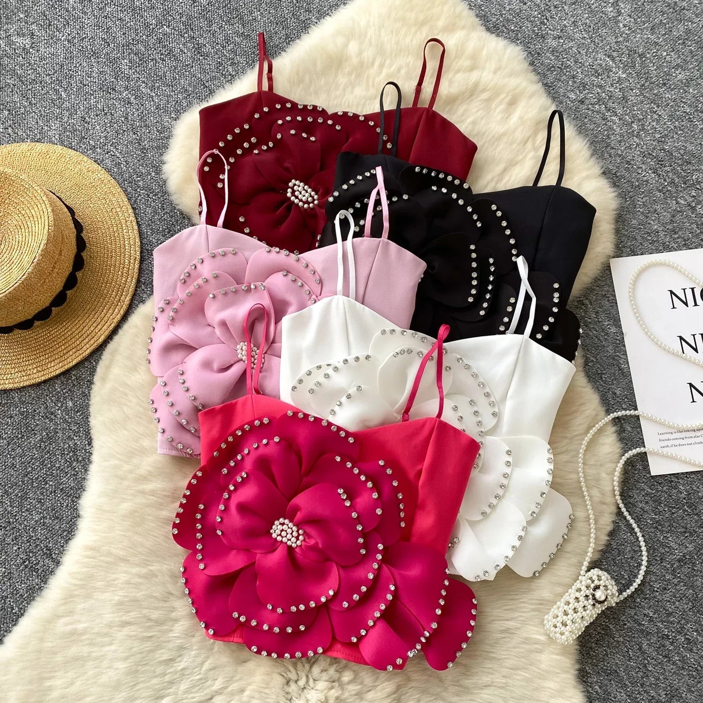 New French Sweet Strap Camisole Strapless 3D Floral Beading Diamonds Design Tops Elastic Ruched Slim Streetwear Tank Top
