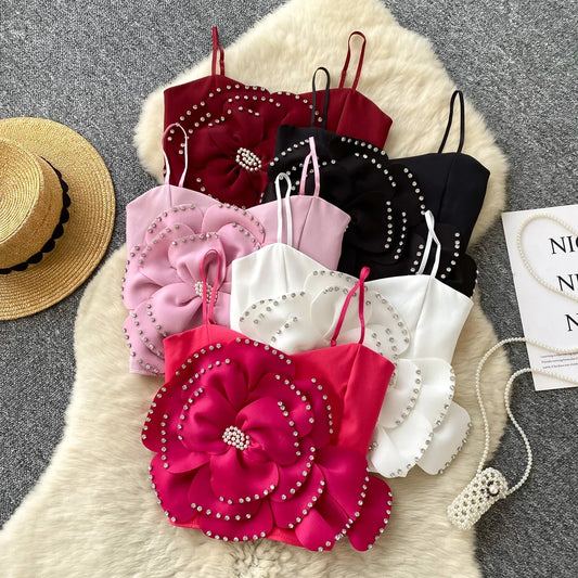 New French Sweet Strap Camisole Strapless 3D Floral Beading Diamonds Design Tops Elastic Ruched Slim Streetwear Tank Top