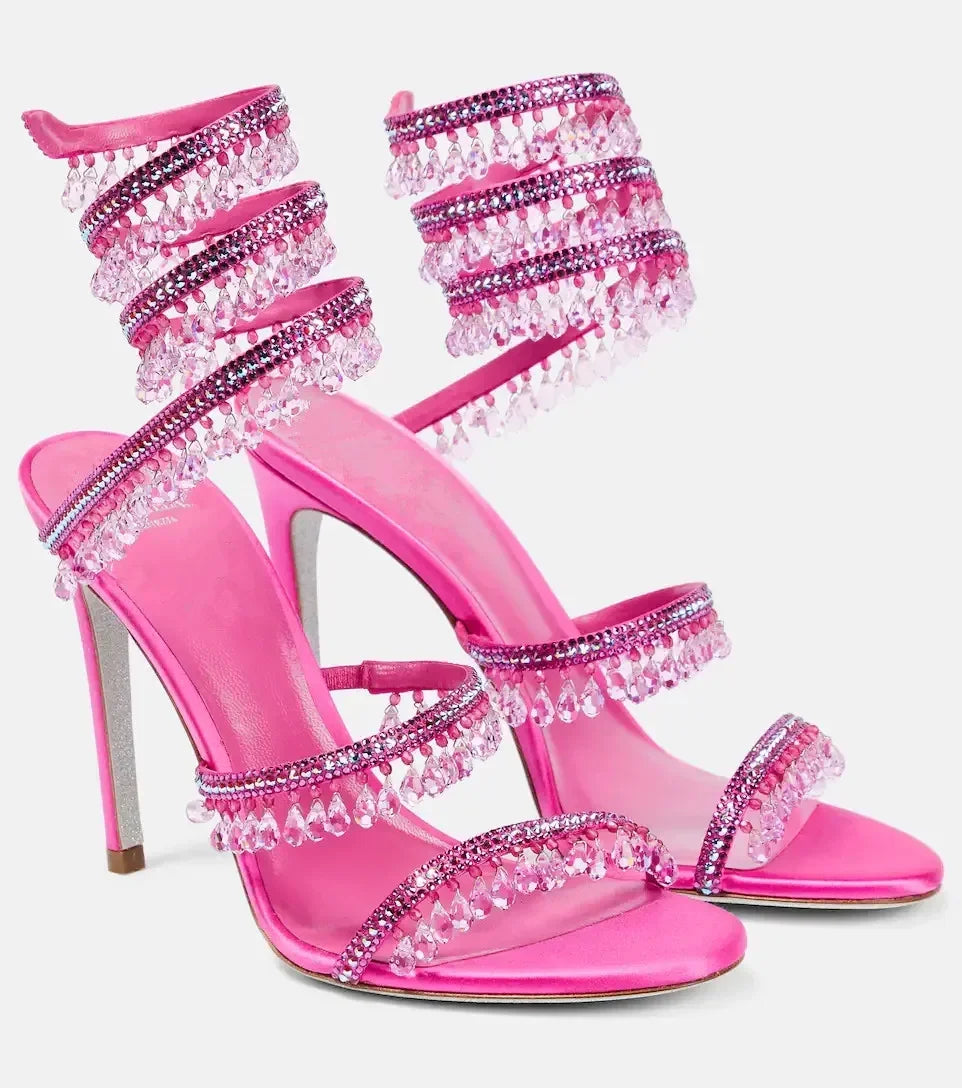 2024Women's New Water Diamond Sandals Fashion Tassel Crystal Shoes Sexy Banquet Party Twin Stiletto Women's Large Sandals