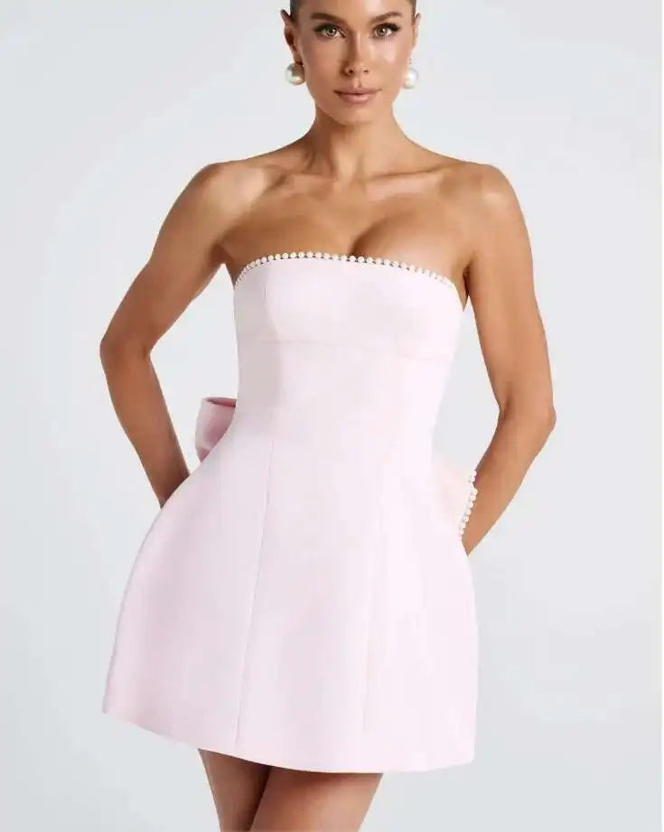 Avrilyaan Bow Pearl Short Backless Sleeveless Sexy Dress Women Elegant Party Dress Strapless Bodycon Mini Summer Dress Vestidos