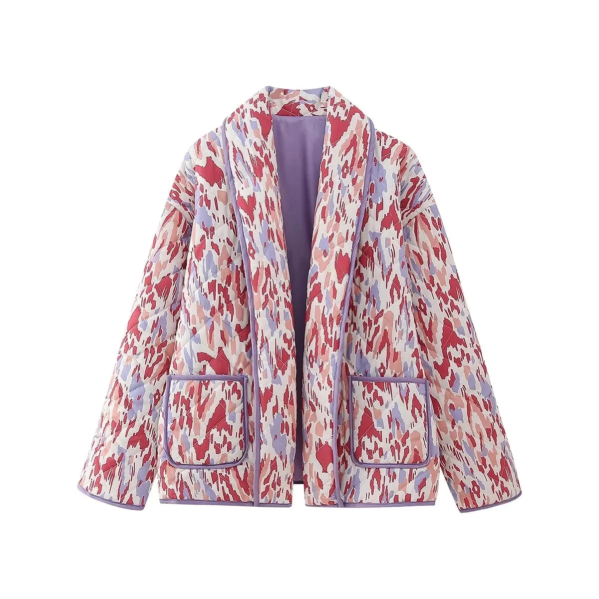 HH Floral Print Jacket For Women Autumn Quilted Reversible Cotton Coat Cardigan Long Sleeve Jackets Elegant Woman Streetwear