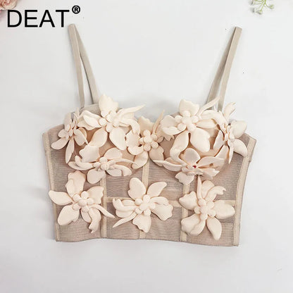 DEAT Fashion Women's 3D Flower Decoration Camisole Vest Outwear Versatile Solid Color Tank Tops Female Trendy New 11A05069