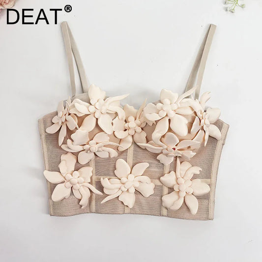 DEAT Fashion Women's 3D Flower Decoration Camisole Vest Outwear Versatile Solid Color Tank Tops Female Trendy New 11A05069