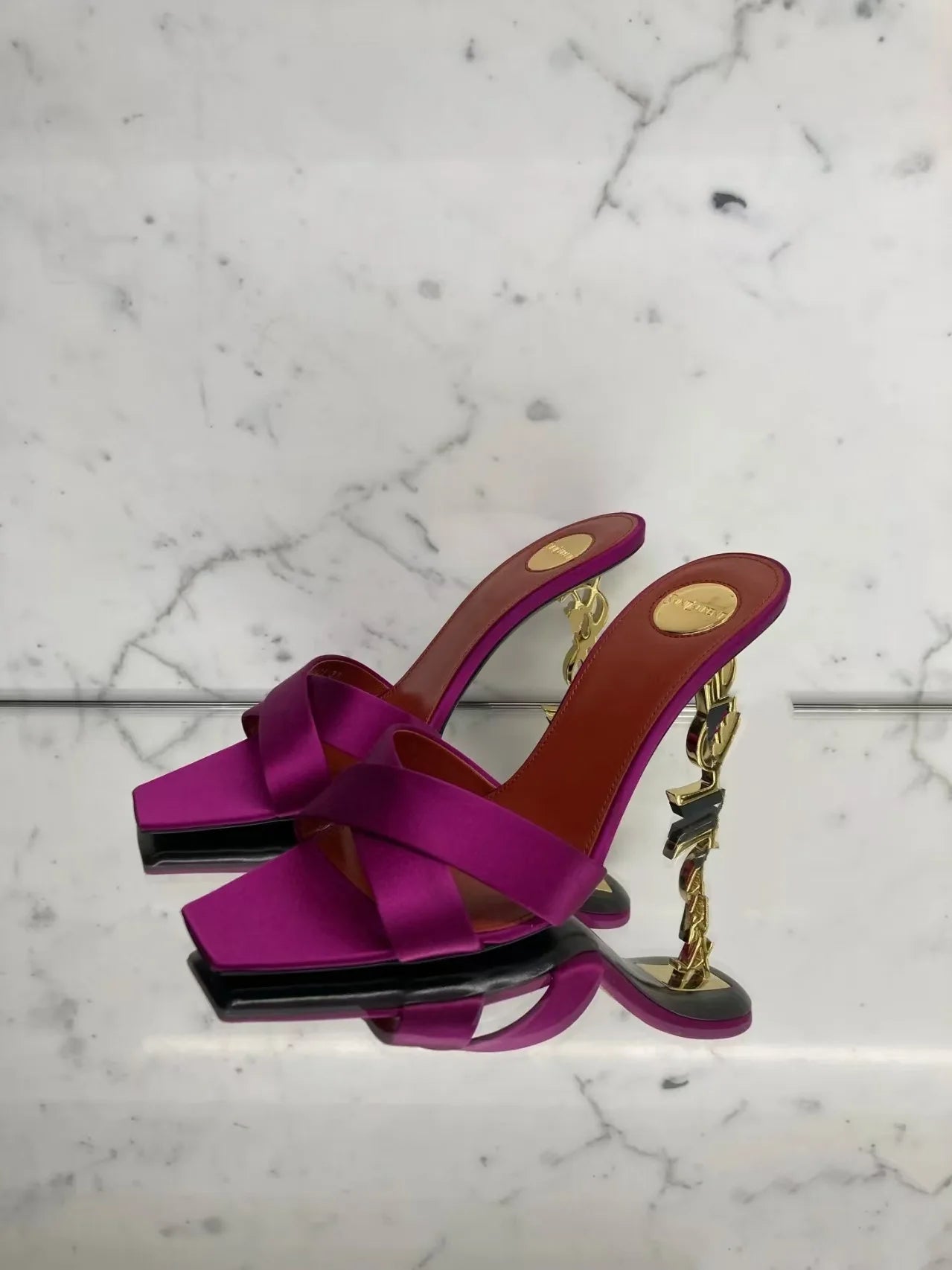 New 2026 Women's Fashionable Silk Satin Cross Band Metal Letter Heel Square Head High Heel Sandals Open Toe Stylish Pointed Toe