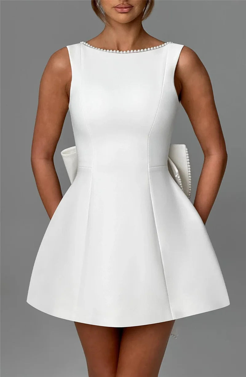 Mozision Pearl Bow Backless Sexy Mini Dress For Women Robe Fashion Zipper Sleeveless High Waist A-line Club Party Dress Elegant