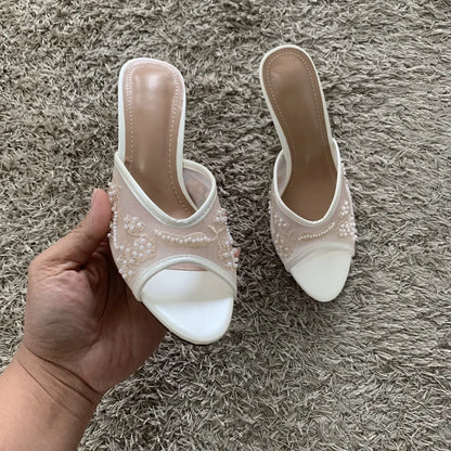 2026 String Bead Mesh Embroider Slingback High Heels Women Sexy Peep Toe Heeled Sandals Summer Elegant Luxury Designer Shoes