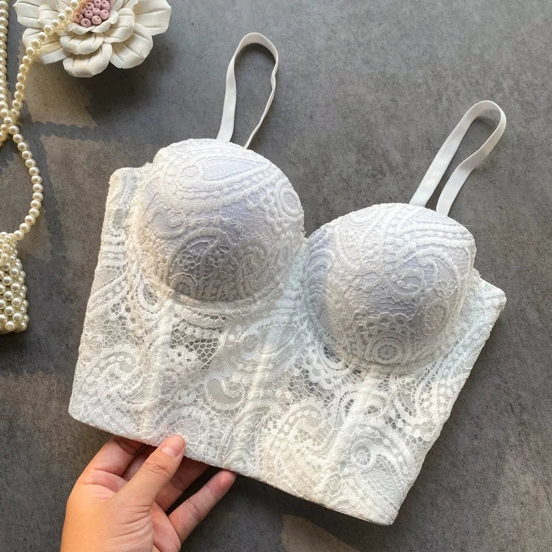 Women Crocheted 3D Lace Corset Stylish Floral Embroidery Bustier Push Up Bra Lady Tank Top Elegant Cropped Top Club Party Bralet