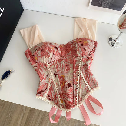 SINGREINY American Retro Print Evening Camisole Female Strap Lace Spliced Slim Top 2025 Streetwear Floral Vintage Beach Tank Top
