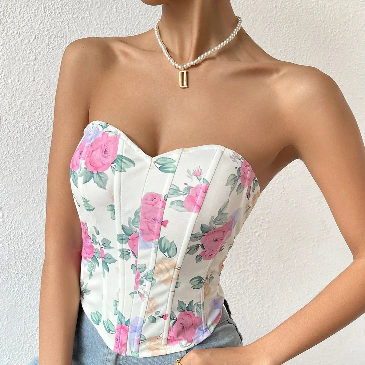 Women Floral Top Sexy Spicy Girl Tank Top Low cut Open Back Flower Wrapped Chest Diamond Fish Bone Strap Waist Vest Tank Top Y2K