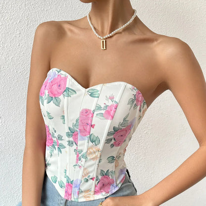 Women Floral Top Sexy Spicy Girl Tank Top Low cut Open Back Flower Wrapped Chest Diamond Fish Bone Strap Waist Vest Tank Top Y2K