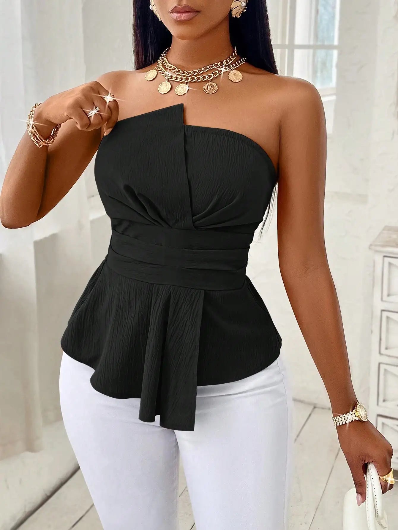 [Elegant] Peplum Strapless Top, Belted Wrap Waist Blouse for Vacation & Commute