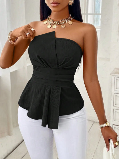 [Elegant] Peplum Strapless Top, Belted Wrap Waist Blouse for Vacation & Commute