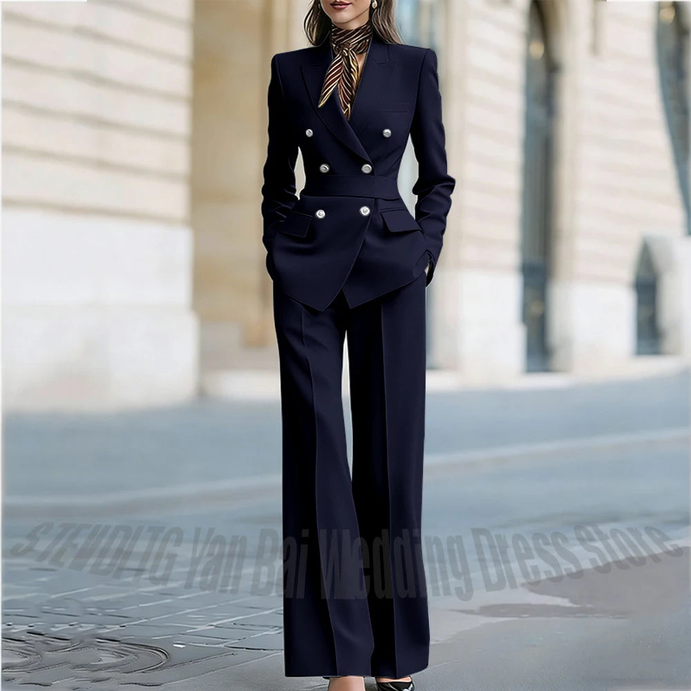 Customized Straight Women's Suits Two Pieces Classic Double Breasted Solid Color High Street Business Casual Office Suit Set