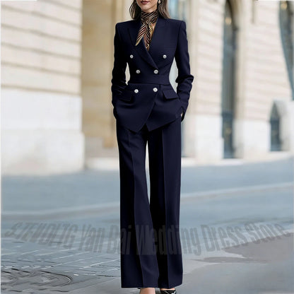 Customized Straight Women's Suits Two Pieces Classic Double Breasted Solid Color High Street Business Casual Office Suit Set