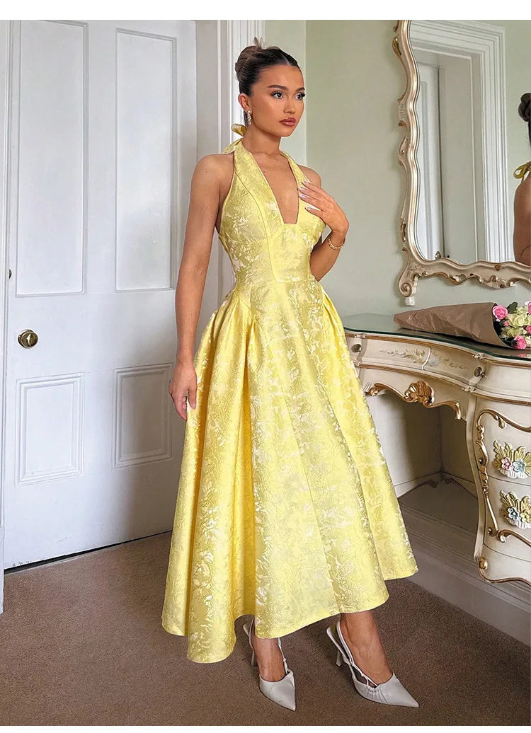 Evening Party Dresses Women Summer Sexy Bow Halter Long Dress Elegant Jacquard Lace Up Backless Birthday Robe