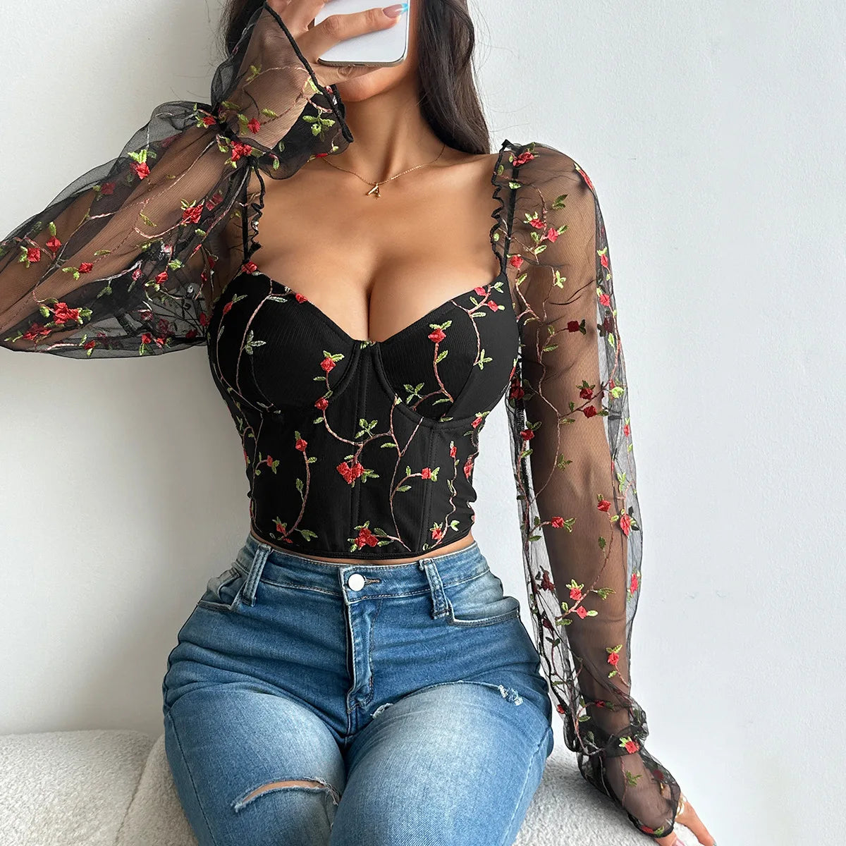 Sexy Spicy Girl Mesh Long Sleeve Corsets Shaper Flower Embroidery Bustiers Fishbone Slim Fit Fashion Versatile Women Corset Top