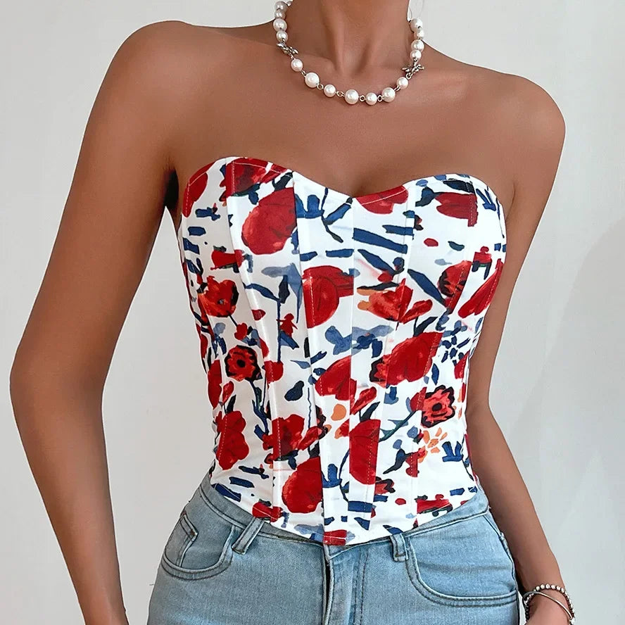 Women Floral Top Sexy Spicy Girl Tank Top Low cut Open Back Flower Wrapped Chest Diamond Fish Bone Strap Waist Vest Tank Top Y2K
