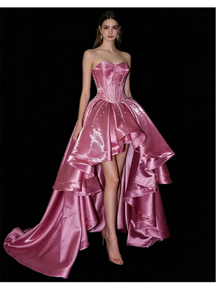 Lautaro Spring Long Luxury Sleeveless Strapless Pink RhinestoneElegant Evening Party Wedding Birthday Prom Dress for Women Dress