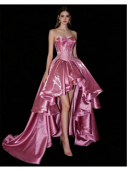 Lautaro Spring Long Luxury Sleeveless Strapless Pink RhinestoneElegant Evening Party Wedding Birthday Prom Dress for Women Dress
