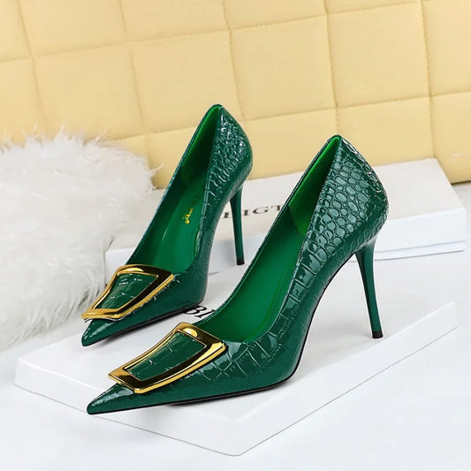 2025 BIGTREE Metal Decoration Buckle Fashion Pumps Women Elegant Snakeskin Print 10cm High Heels Party Ladies Shoes