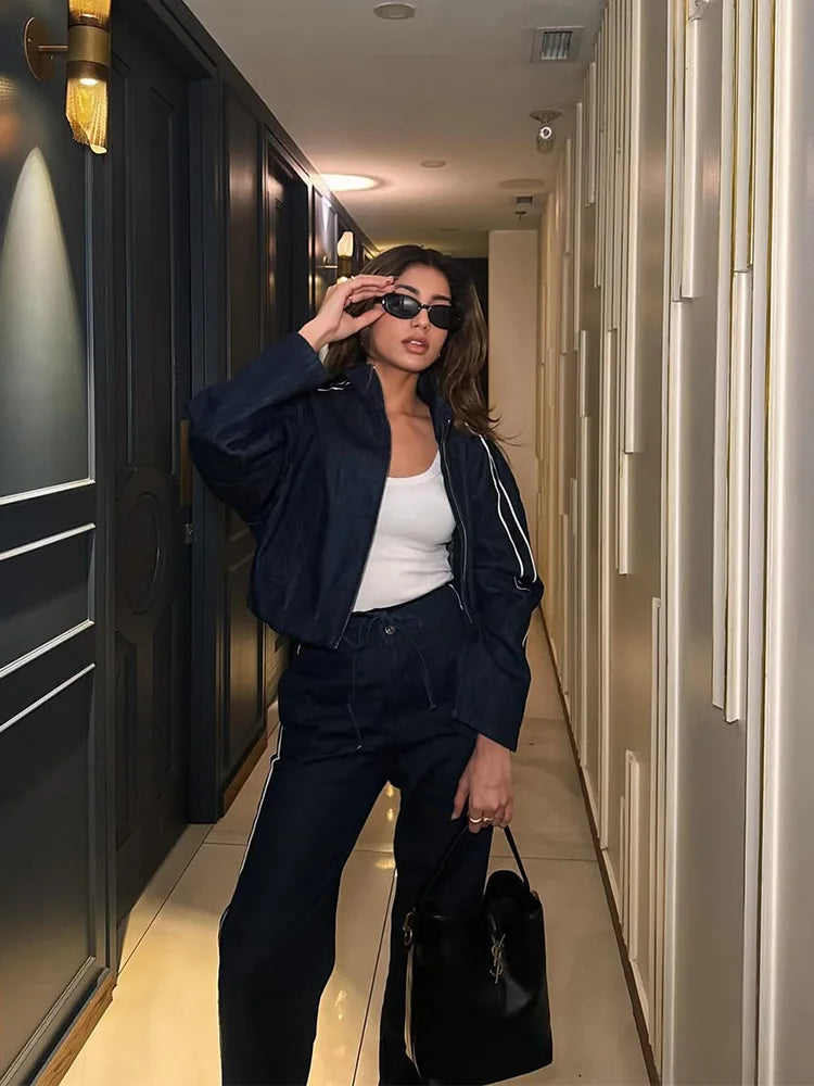 KONDALA Women High Street Denim Set Spring Fall Trendy Side Stripe Stand Collar Zipper Jacket Lace-up Pant 2026 Casual Pants Set