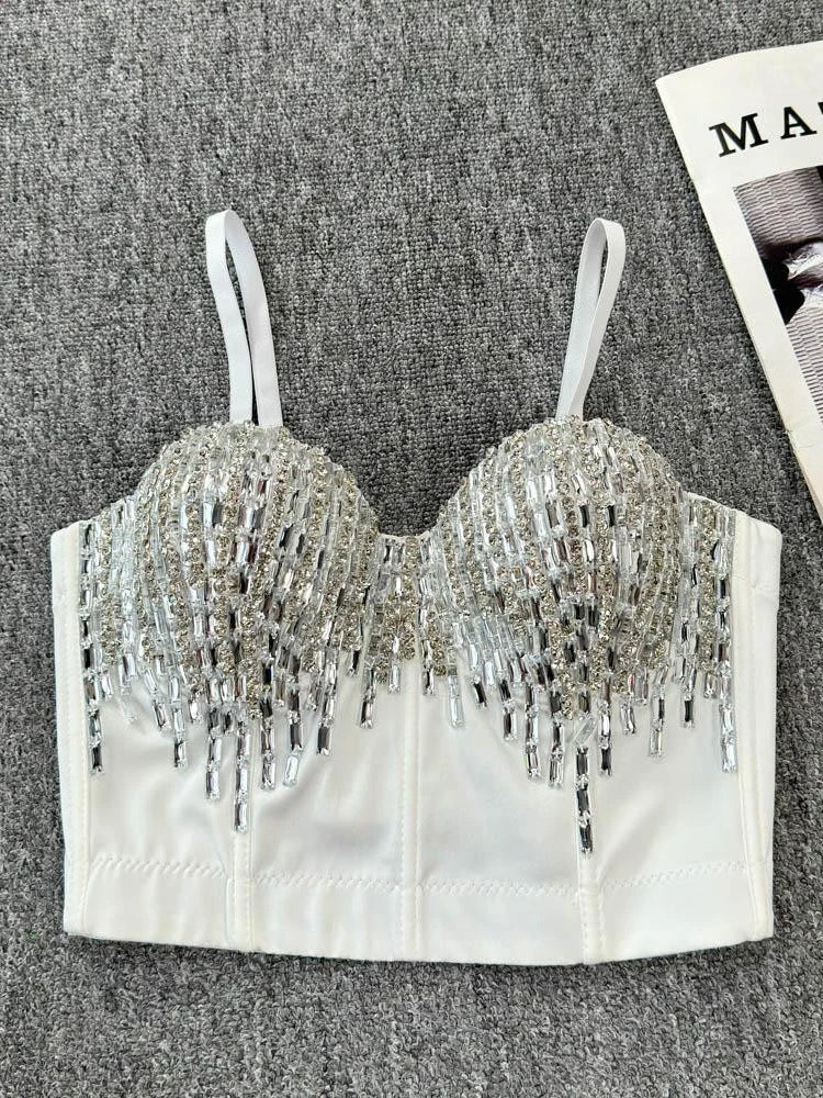 Sexy Club Dancing Csole Diamond Embellied ort Vest Inner Wear Outerwear Trendy Fibone Bra Top Women's Vest
