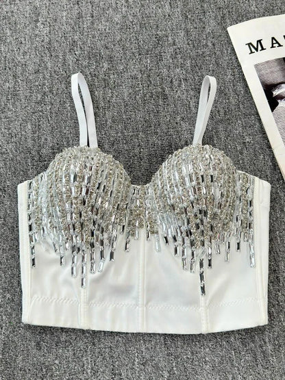 Sexy Club Dancing Csole Diamond Embellied ort Vest Inner Wear Outerwear Trendy Fibone Bra Top Women's Vest