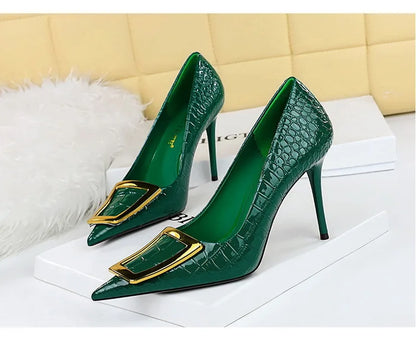 2025 BIGTREE Metal Decoration Buckle Fashion Pumps Women Elegant Snakeskin Print 10cm High Heels Party Ladies Shoes