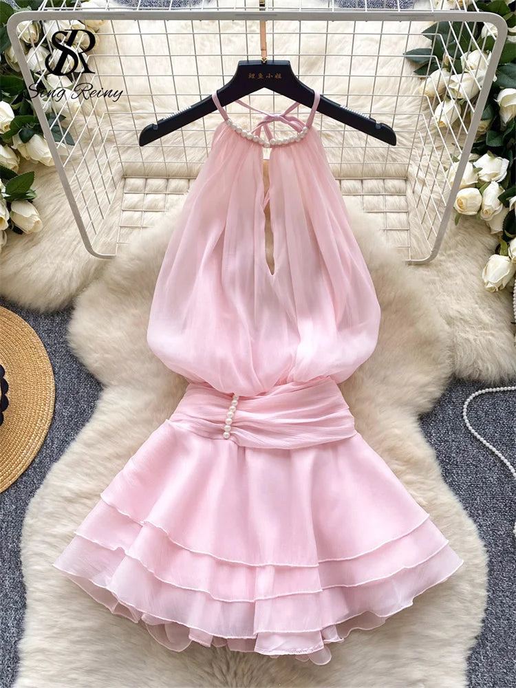 SINGREINY Strap Chiffon Mini Dress Female Pearl Halter Sleeveless Backless Sexy Design Fairycore Vacation Summer Ruffles Dress