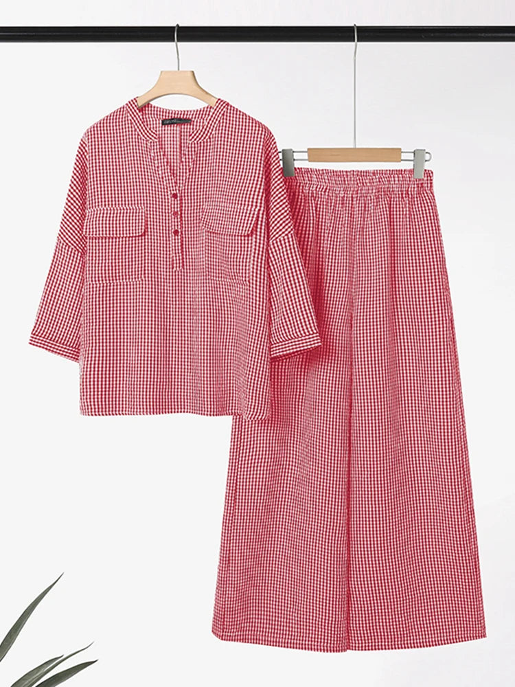 Women Pants Sets ZANZEA Fashion Summer 2 Piece Sets Plaid Outfits Casual Half Sleeve Blouse Wide Leg Trousers Street Tracksuit