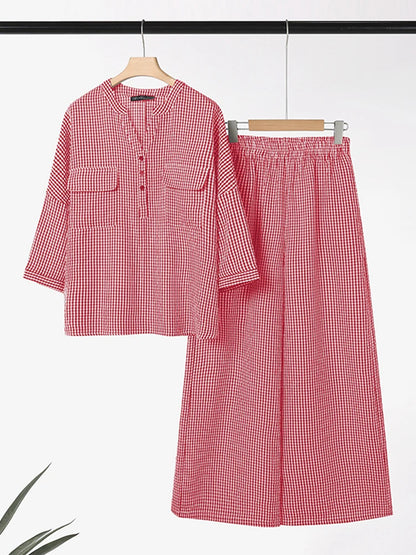 Women Pants Sets ZANZEA Fashion Summer 2 Piece Sets Plaid Outfits Casual Half Sleeve Blouse Wide Leg Trousers Street Tracksuit