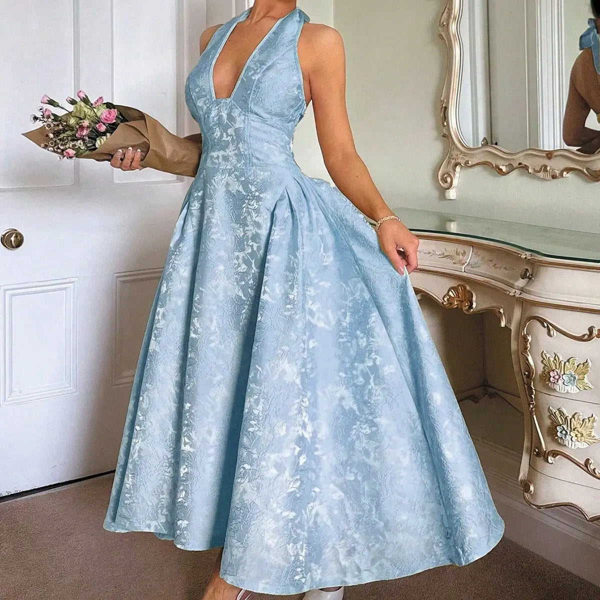 Evening Party Dresses Women Summer Sexy Bow Halter Long Dress Elegant Jacquard Lace Up Backless Birthday Robe
