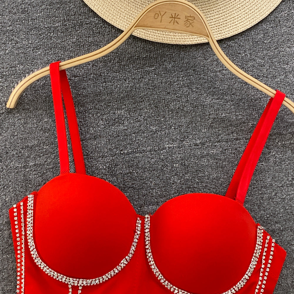 Women Chic Tassels  Pads Rhinestone Basic  Corset Straps Camis Slim  Hot Sexy Fashion Bare NavelBackless Tops Women Crop Top